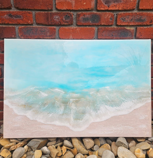 Original artwork by Art by Rafaela — soft aqua ocean waves meeting a sandy shore, delicate coastal seascape painting