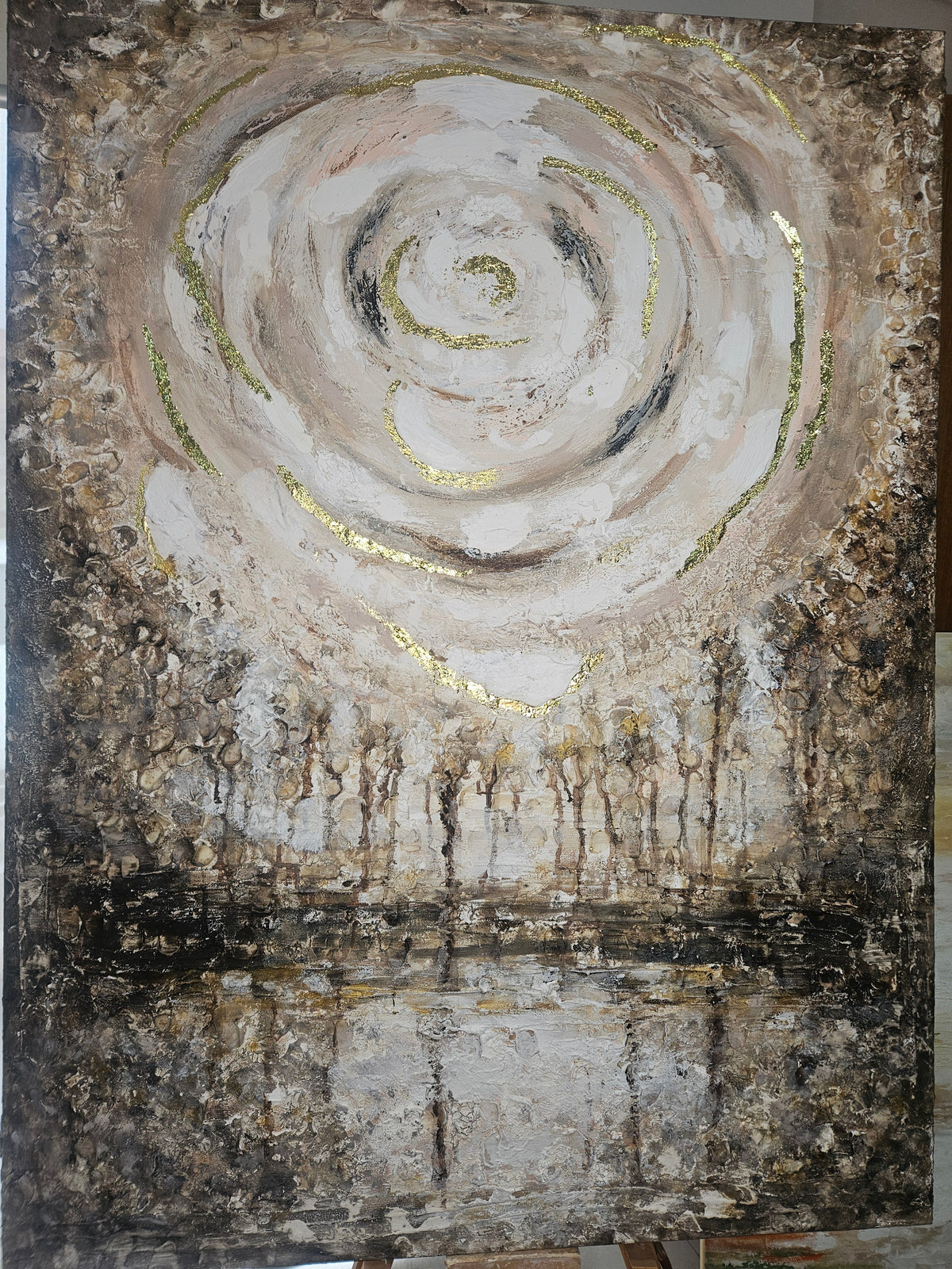 Original artwork by Art by Rafaela — ethereal swirling moon over a dark moody landscape, textured abstract painting in earthy gold and brown tones