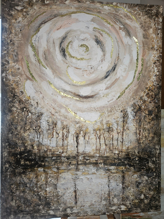 Original artwork by Art by Rafaela — ethereal swirling moon over a dark moody landscape, textured abstract painting in earthy gold and brown tones