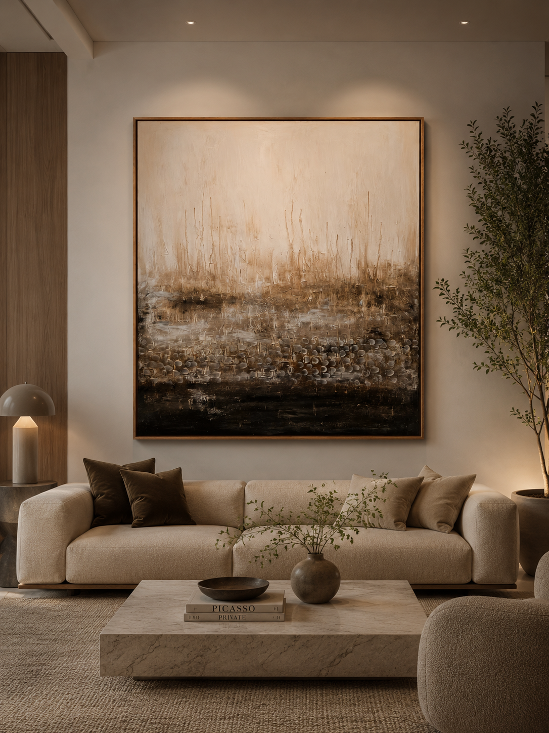 Original artwork by Art by Rafaela — muted silver, grey and brown tones with delicate bare tree forms rising from a misty landscape, textured abstract nature painting
