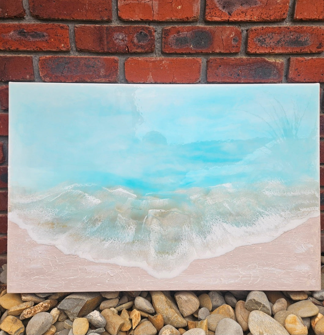 Original artwork by Art by Rafaela — soft aqua ocean waves meeting a sandy shore, delicate coastal seascape painting