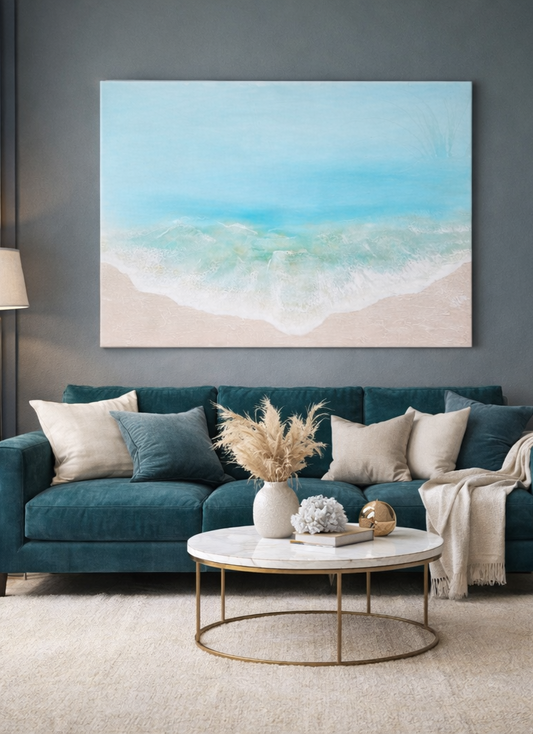 Original artwork by Art by Rafaela — soft aqua ocean waves meeting a sandy shore, delicate coastal seascape painting