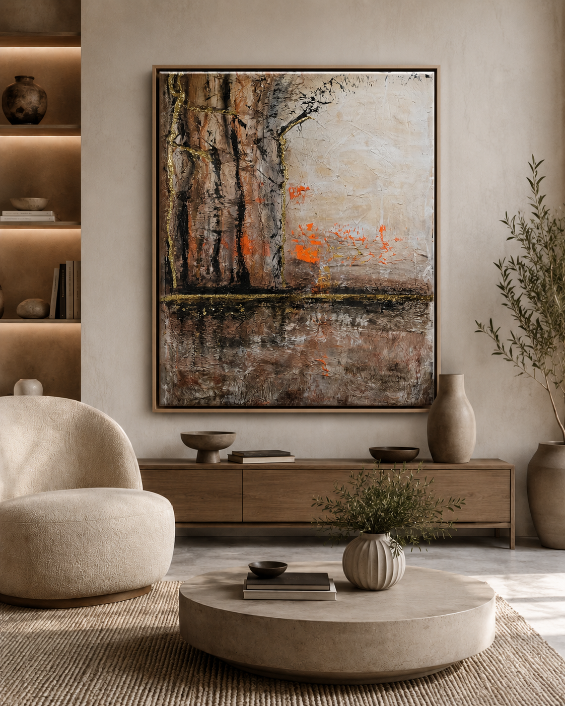 Original artwork by Art by Rafaela — warm terracotta and burnt orange tones with textured tree forms, earthy abstract landscape painting shown styled in a modern living room