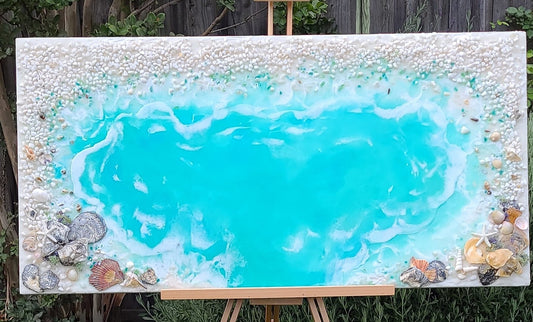 Original resin artwork by Art by Rafaela — vivid turquoise pool surrounded by white textured resin and earthy tones, coastal abstract wall art