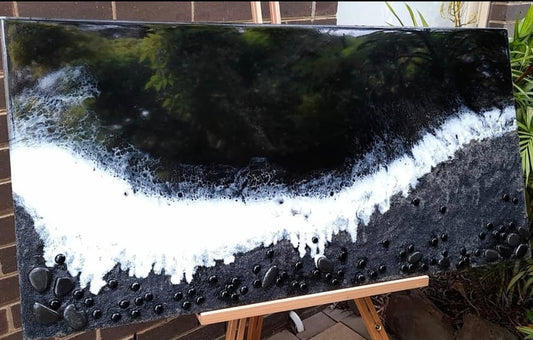 Original resin artwork by Art by Rafaela — deep charcoal ocean waves with dramatic white seafoam, moody coastal wall art