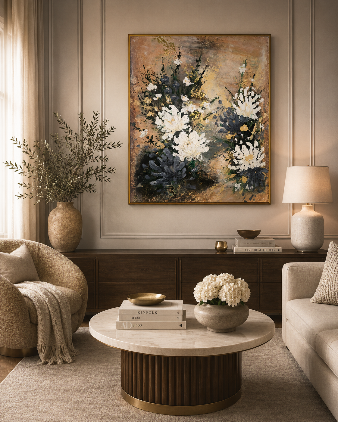 Original artwork by Art by Rafaela — delicate white and blue botanical florals on a warm golden background, textured abstract floral painting