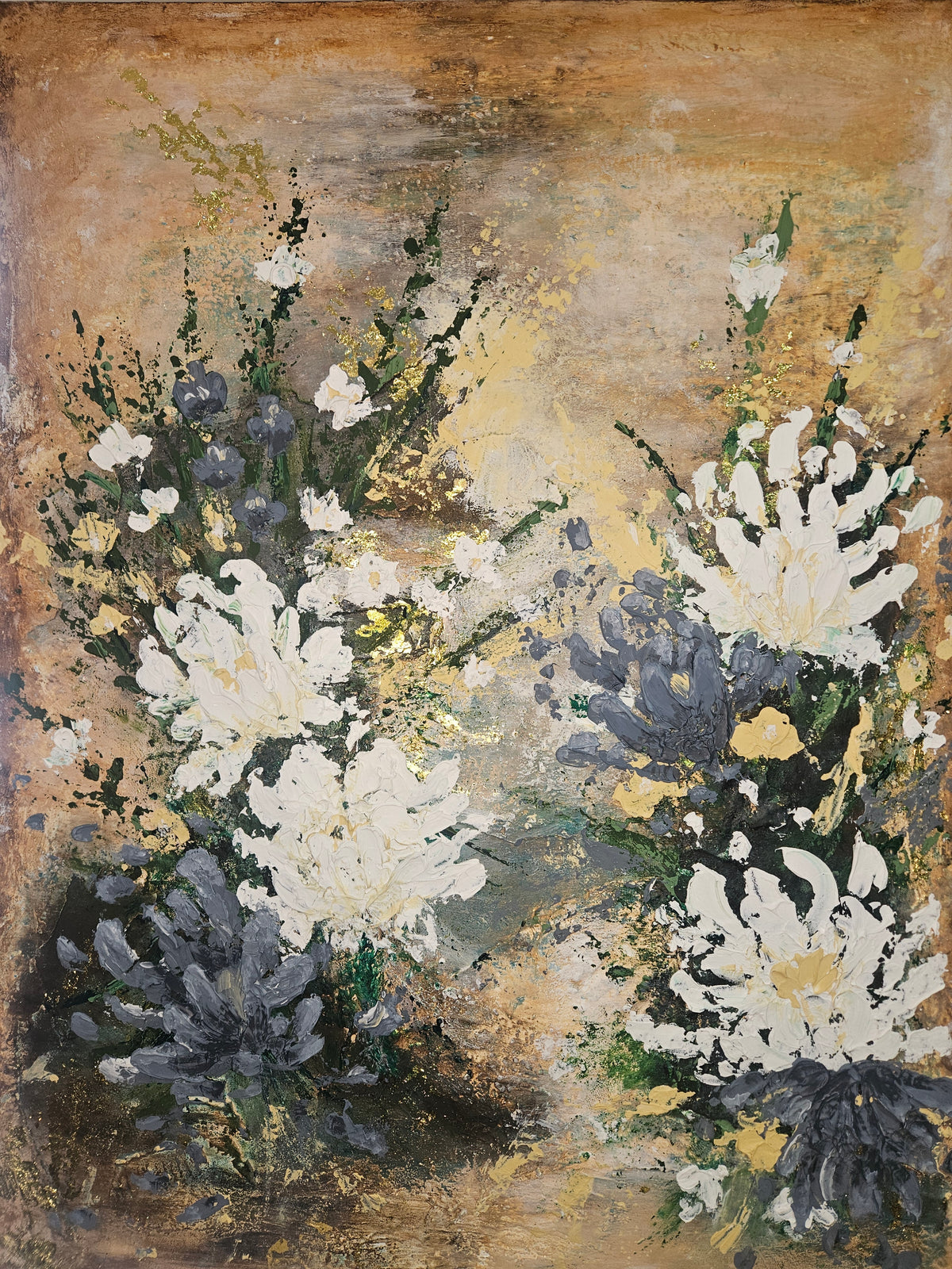 Original artwork by Art by Rafaela — delicate white and blue botanical florals on a warm golden background, textured abstract floral painting