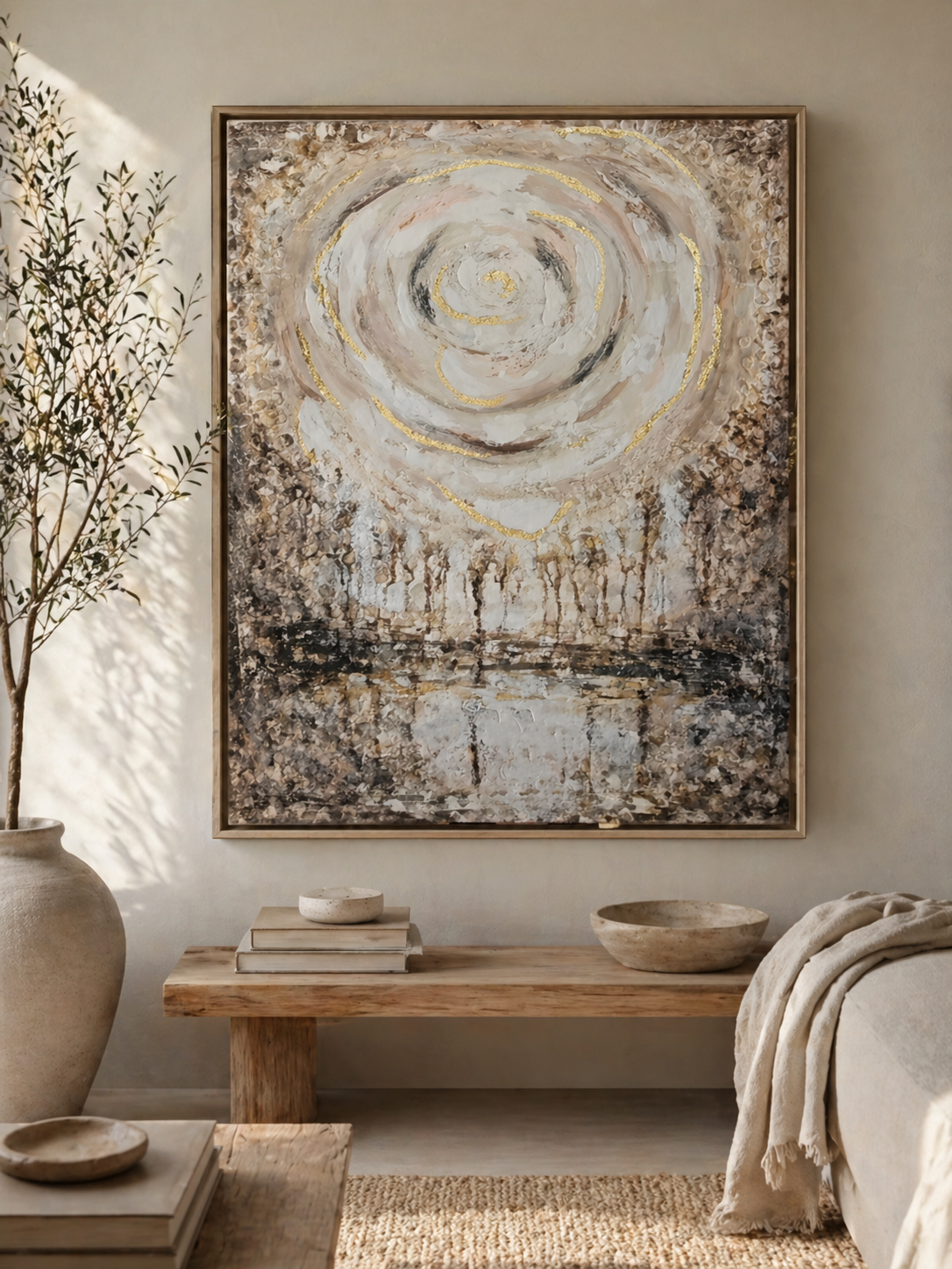 Original artwork by Art by Rafaela — ethereal swirling moon over a dark moody landscape, textured abstract painting in earthy gold and brown tones